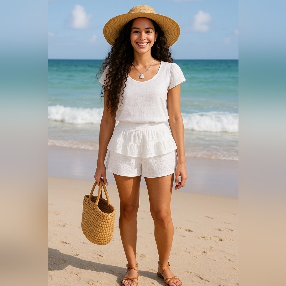 Boho White Eyelet Large Beach Festival Cotton Ruffle Cottagecore Shorts